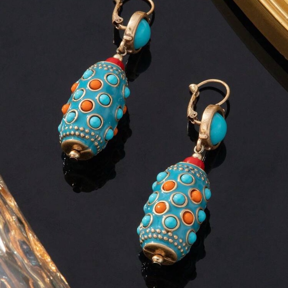 Vintage Turquoise and Red Dangle Earrings - Picture 2 of 5